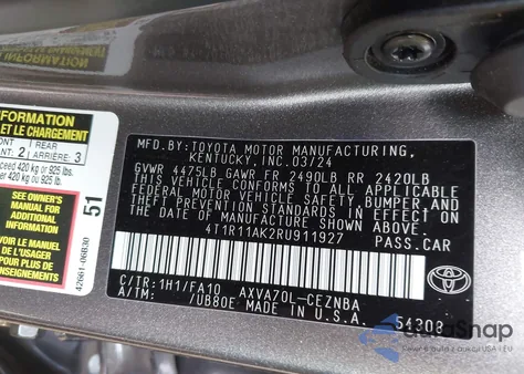 2024 Toyota Camry Le from USA, damaged, VIN 4T1R11AK2RU911927